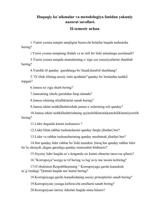 Huquqiy ko‘nikmalar va metodologiya fanidan yakuniy nazorat savollari (II-semestr)