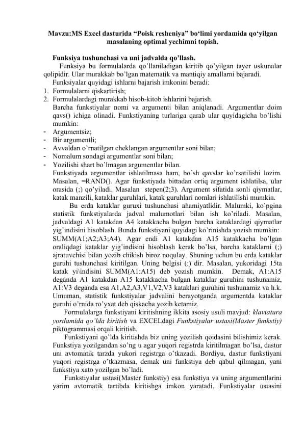 MS Excel dasturida "Poisk resheniya" bo‘limi