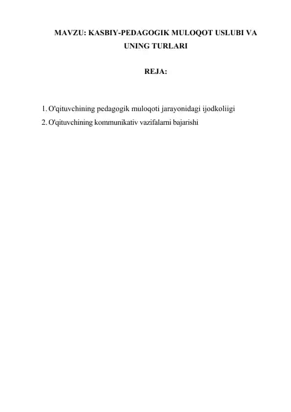 Kasbiy-Pedagogik Muloqot Uslubi va Ung Turlari
