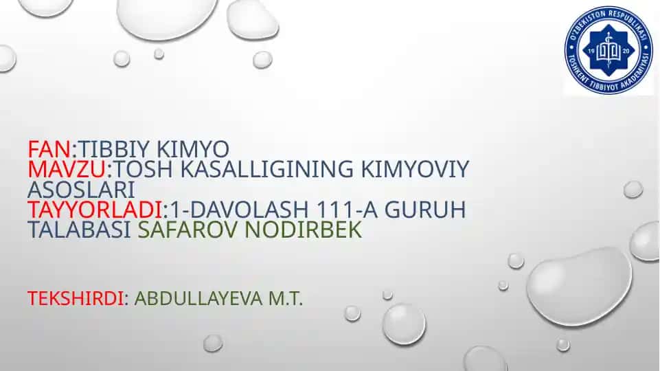Tosh Kasalligining Kimyoviy Asoslari