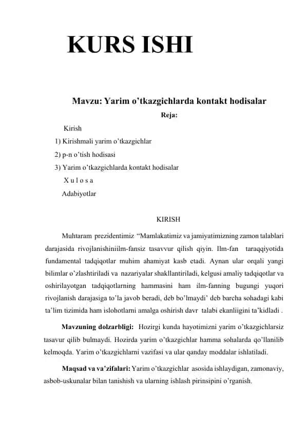 Yarim o’tkazgichlarda kontakt hodisalar