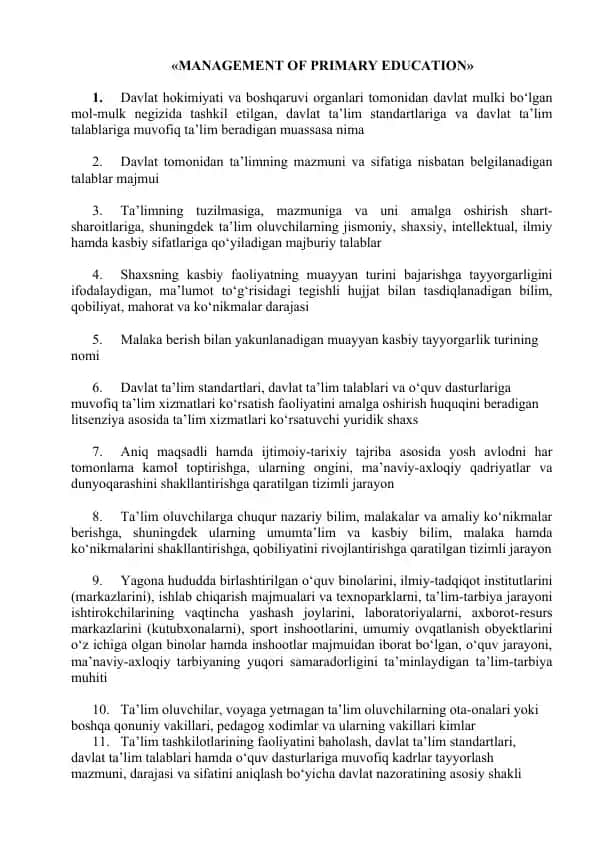 MANAGEMENT OF PRIMARY EDUCATION