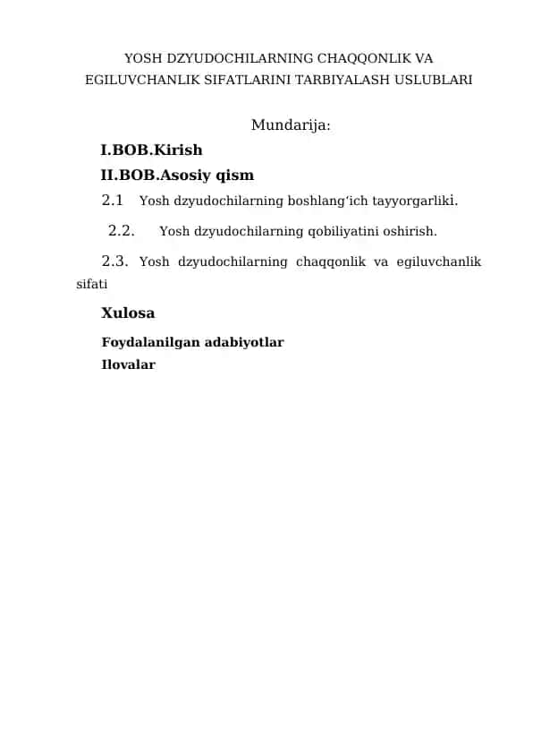 YOSH DZYUDOCHILARNING CHAQQONLIK VA EGILUVCHANLIK SIFATLARINI TARBIYALASH USLUBLARI