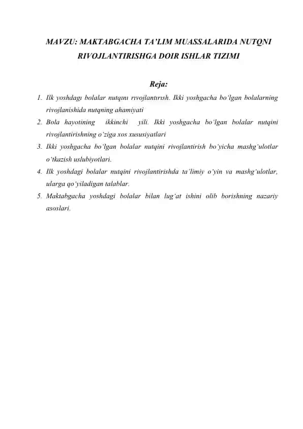 Maktabgacha ta’lim muassalarida nutqni rivojlantirishga doir ishlar tizimi