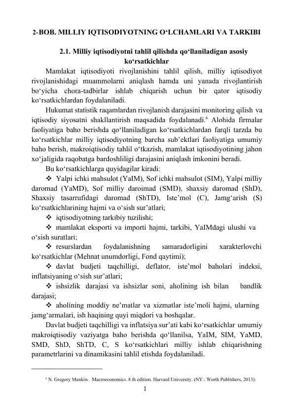 Milliy iqtisodiyotning o‘lchamlari va tarkibi