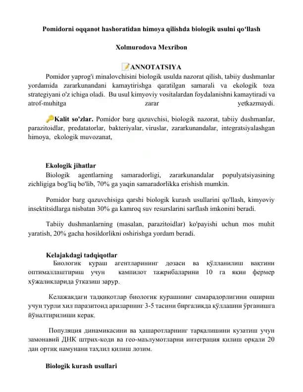 Pomidor barg qazuvchisini biologik nazorat qilish
