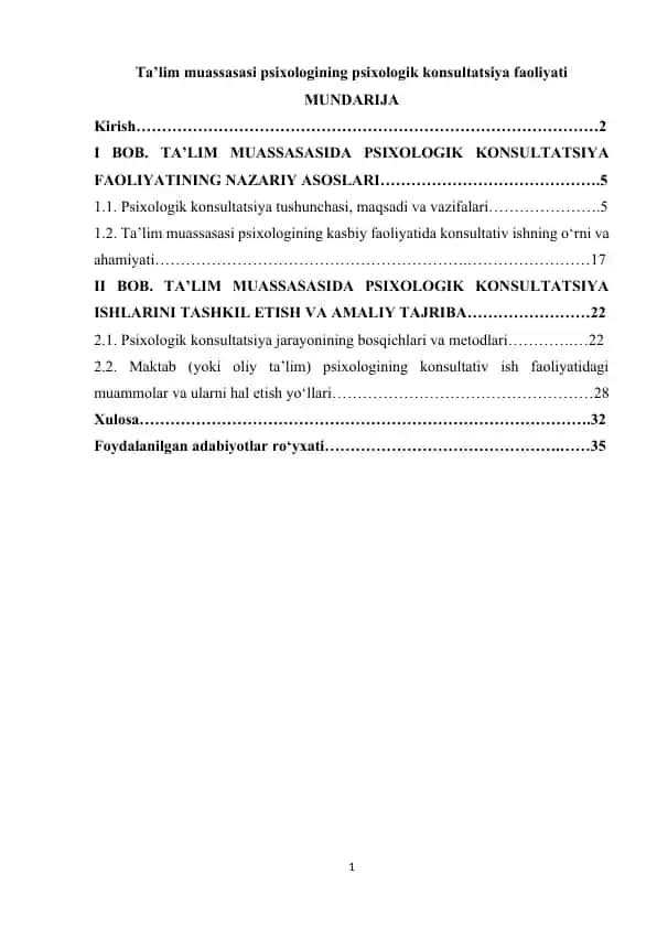 Ta’lim muassasasi psixologining psixologik konsultatsiya faoliyati