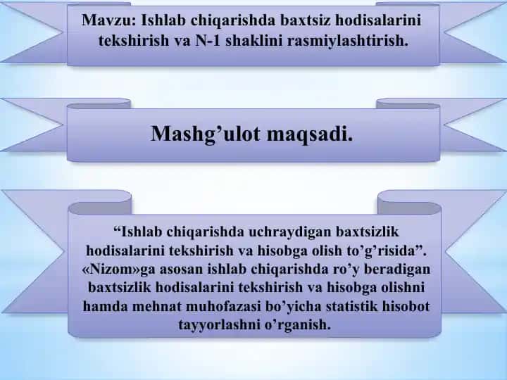 Ishlab chiqarishda baxtsiz hodisalarini tekshirish va N-1 shaklini rasmiylashtirish