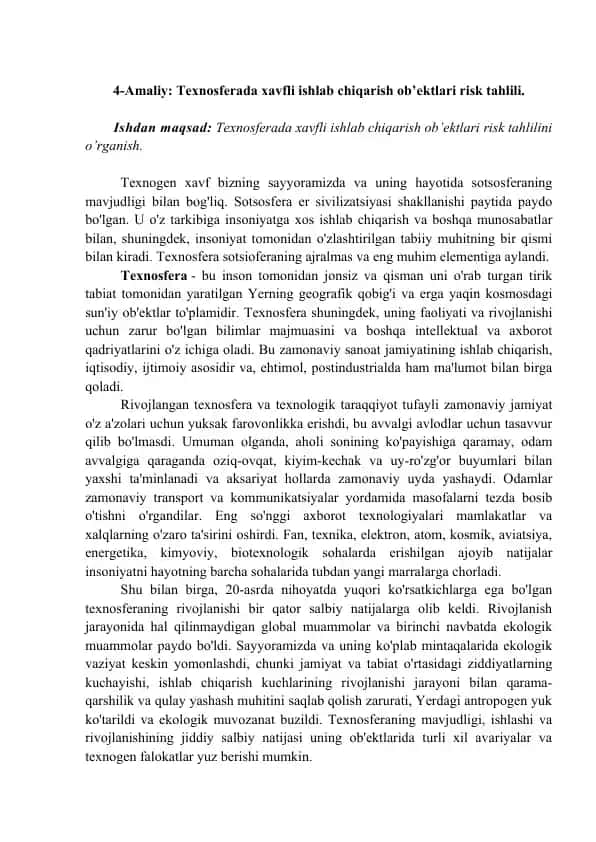 Texnosferada xavfli ishlab chiqarish ob’ektlari risk tahlili