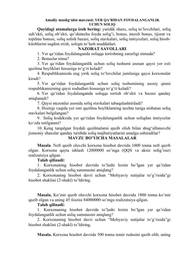 Soliqga tortish uchun Yer Qa'ridan Foydalanganlik