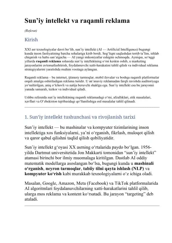 Sun’iy intellekt va raqamli reklama (Referat)