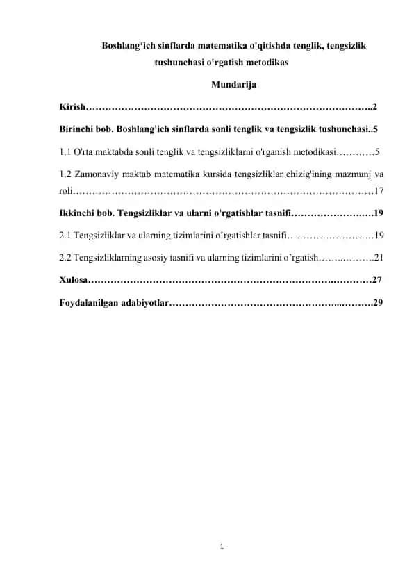 Boshlangʻich sinflarda matematika o'qitishda tenglik, tengsizlik tushunchasi o'rgatish metodikas