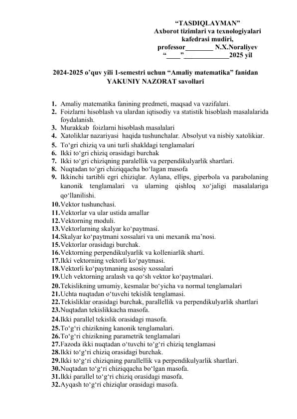Amaliy matematika fanidan YAKUNIY NAZORAT savollari