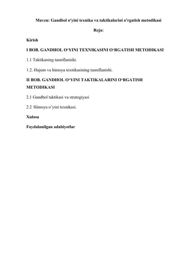 Gandbol o'yini texnika va taktikalarini o'rgatish metodikasi