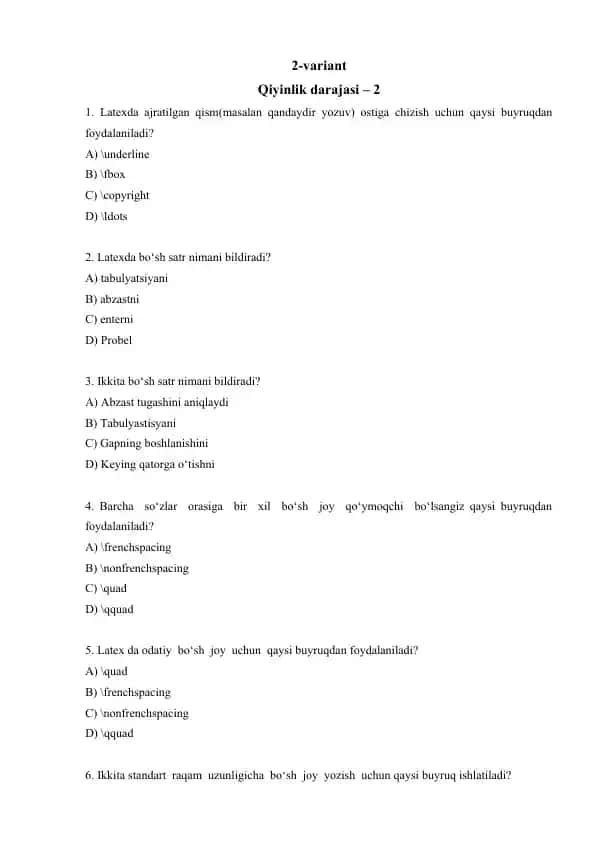 Latexda sodda savollar