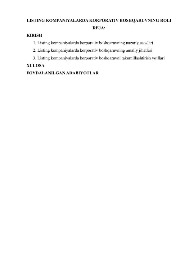 Listing KOMPANIYALARDA KORPORATIV BOSHQARUVNING ROLI