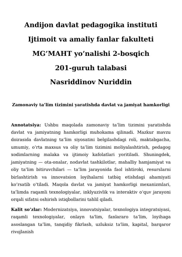 Zamonaviy ta’lim tizimini yaratishda davlat va jamiyat hamkorligi