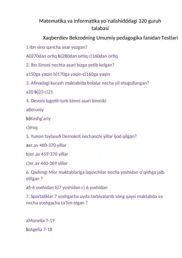 Xaqberdiev Bekzodning Umumiy pedagogika fanidan Testlari