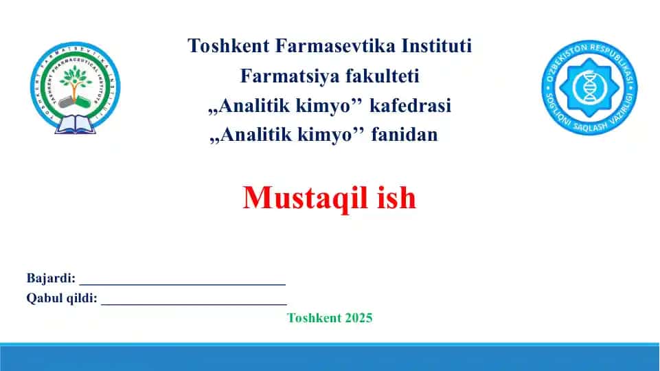 6. Bi3+ kationi tibbiyotda ishlatilishi va dori vositalari tarkibida sifat hamda miqdorini aniqlash. Taqdimot. 10 bet
