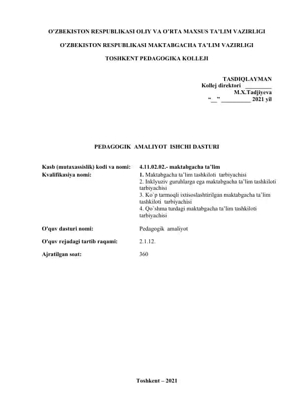 PEDAGOGIK AMALIYOT ISHCHI DASTURI