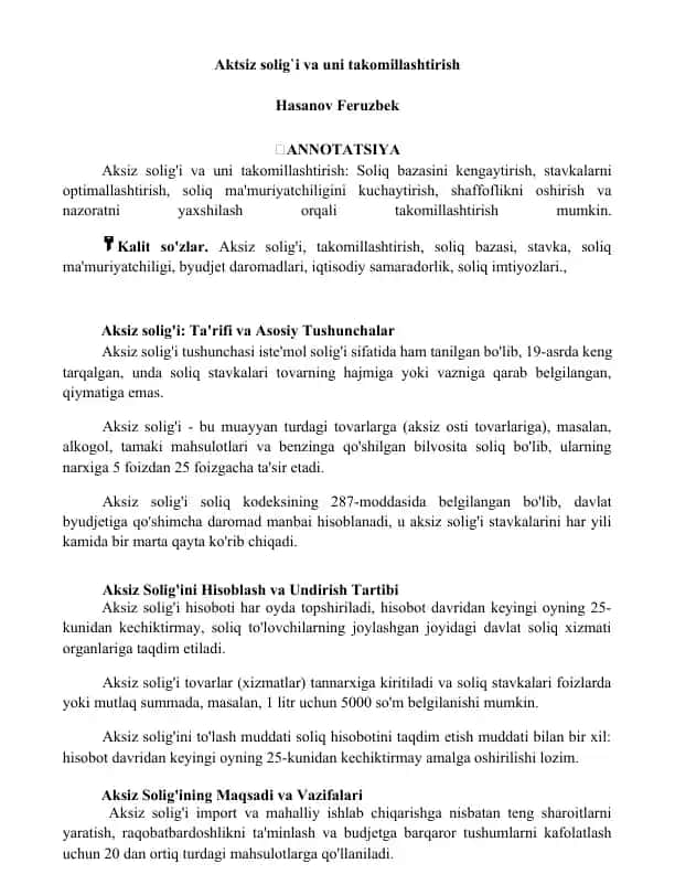 Aktsiz solig`i va uni takomillashtirish