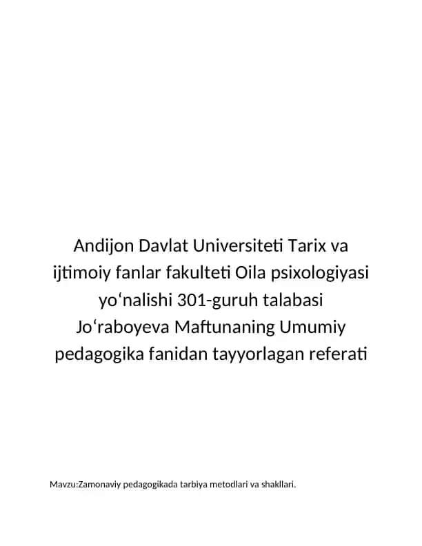 Zamonaviy pedagogikada tarbiya metodlari va shakllari