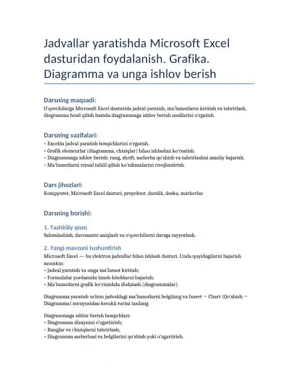 Microsoft Excel dasturida grafikalar yaratish