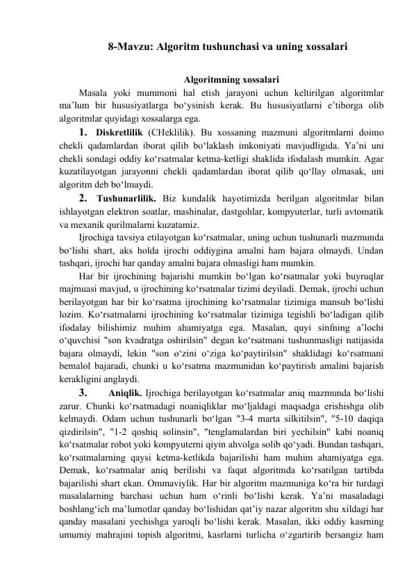 Algoritm tushunchasi va uning xossalari