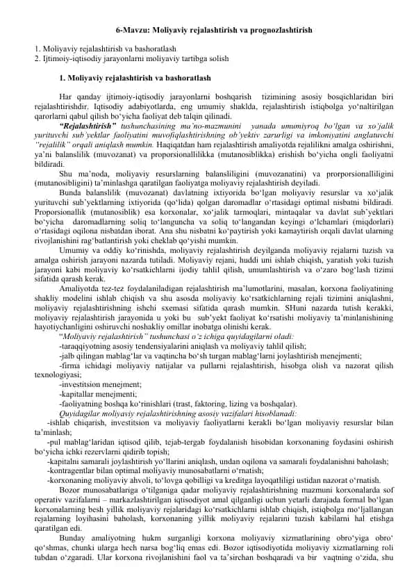 Moliyaviy rejalashtirish va prognozlashtirish