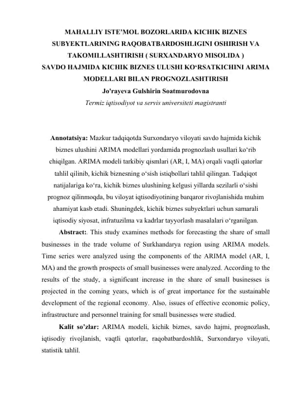 Savdo hajmida kichik biznes ulushi ko‘rsatkichini arima modellari bilan prognozlashtirish