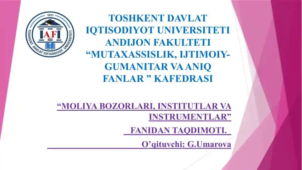 Moliya bozorida turli institutlar ishtiroki (taqdimot)