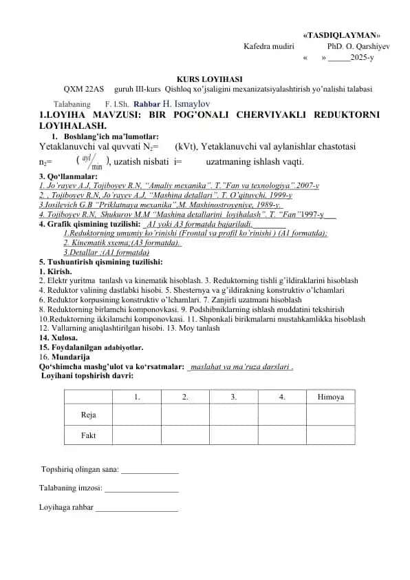 BIR POG’ONALI CHERVIYAKLI REDUKTORNI LOYIHALASH