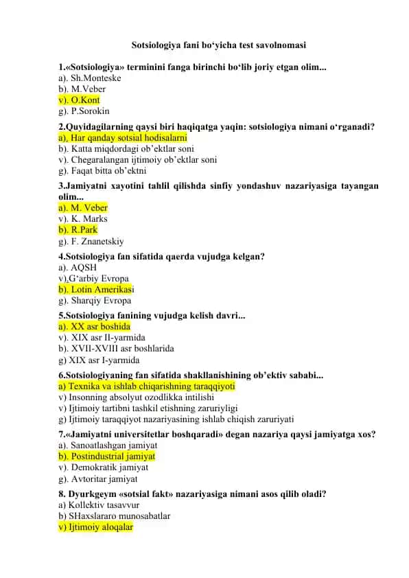 Sotsiologiya fani bo‘yicha test savolnomasi