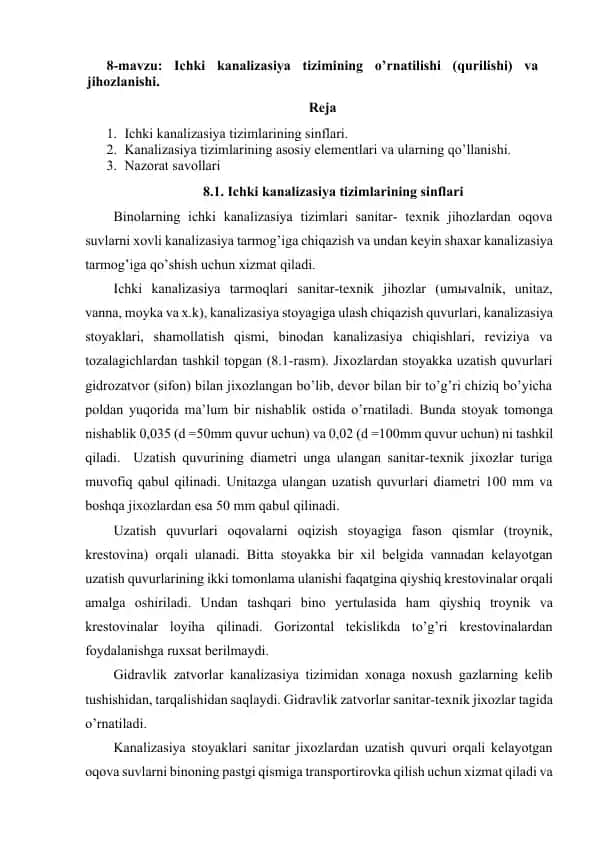Ichki kanalizasiya tizimlari