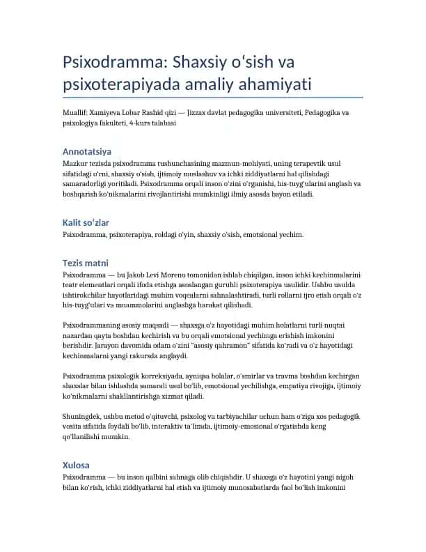 Psixodramma: Shaxsiy o‘sish va psixoterapiyada amaliy ahamiyati