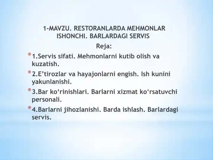 Restoranlarda Mehmonlar Ishonchi. Barlardagi Servis
