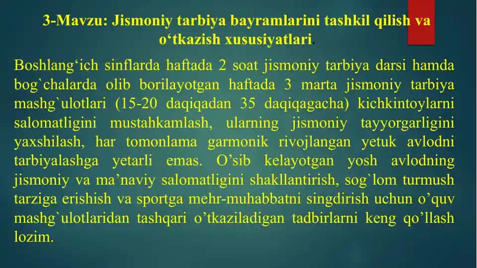 Jismoniy tarbiya bayramlarini tashkil qilish va o‘tkazish xususiyatlari