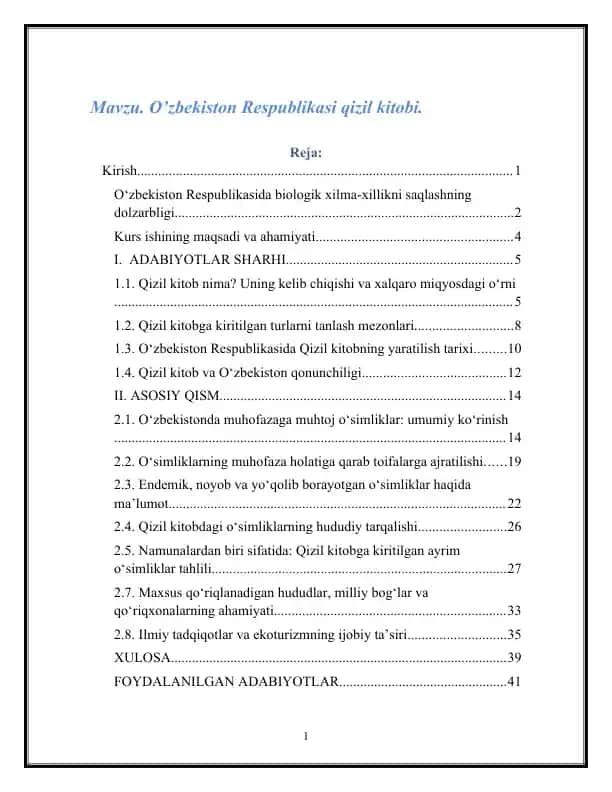 O‘zbekiston Respublikasi qizil kitobi. Kurs ishi.