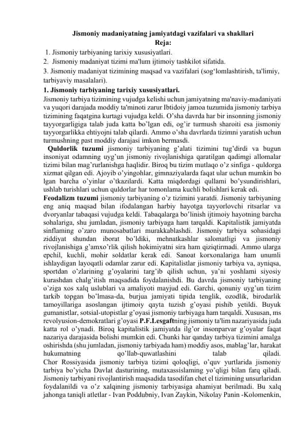 Jismoniy madaniyatning jamiyatdagi vazifalari va shakllari