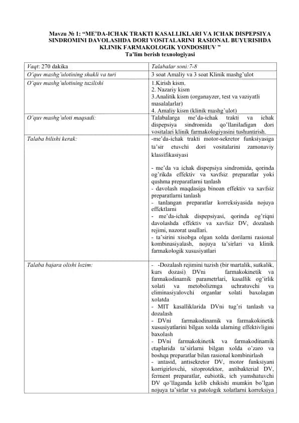 Me’da-ichak trakti kasalliklari va ichak dispepsiya sindromini davolashda dori vositalarini rational buyurishda klinik farmakologik yondoshuv