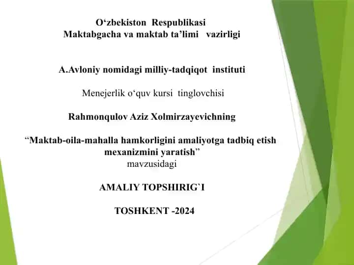 "Maktab-oila-mahalla hamkorligini amaliyotga tadbiq etish mexanizmini yaratish"