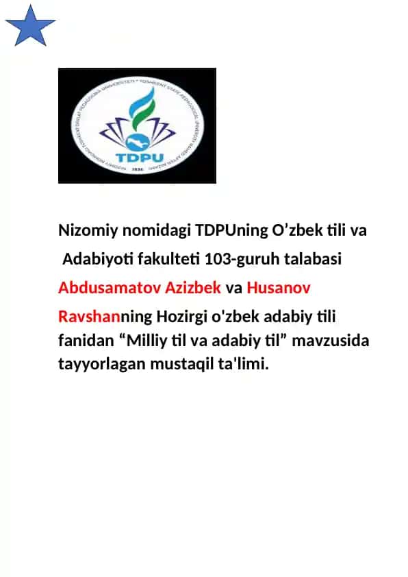 "Milliy til va adabiy til" mavzusida tayyorlagan mustaqil ta'limi
