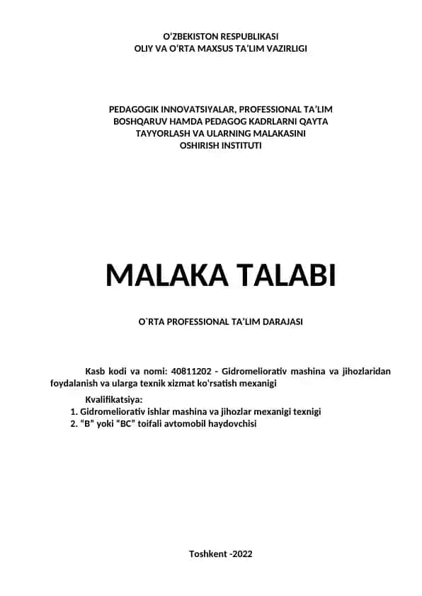 Gidromeliorativ mashina va jihozlaridan foydalanish va ularga texnik xizmat ko'rsatish mexanigi