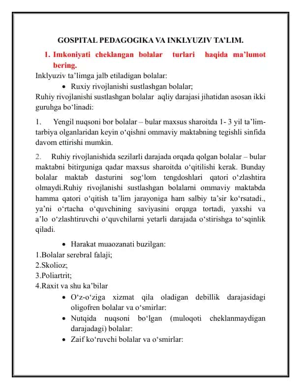Inklyuziv Ta'limda Rivojlanishi Sustlashgan Bolalar