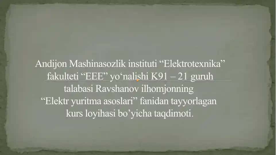 Elektryuritmaasoslari fanidan ta'yyorlagan kurs loyihasi