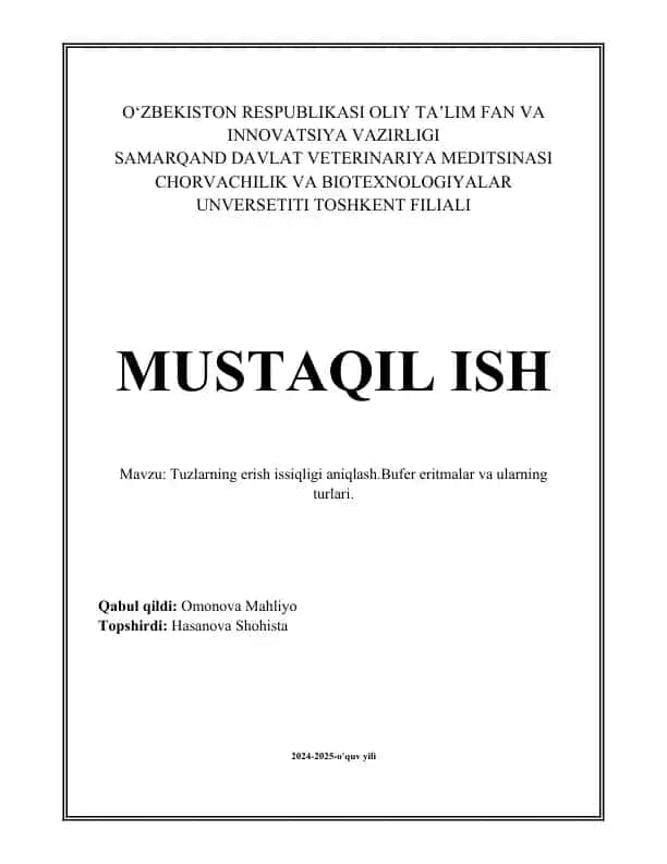 Tuzlarning erish issiqligi aniqlash va Bufer eritmalar