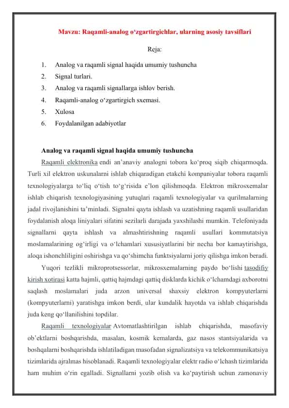 Raqamli-analog o‘zgartirgichlar, ularning asosiy tavsiflari