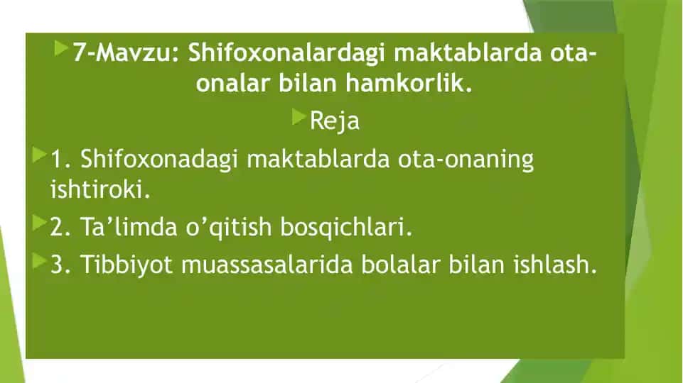 Shifoxonalardagi maktablarda ota-onalar bilan hamkorlik