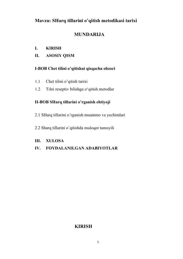SHarq tillarini o’qitish metodikasi tarixi