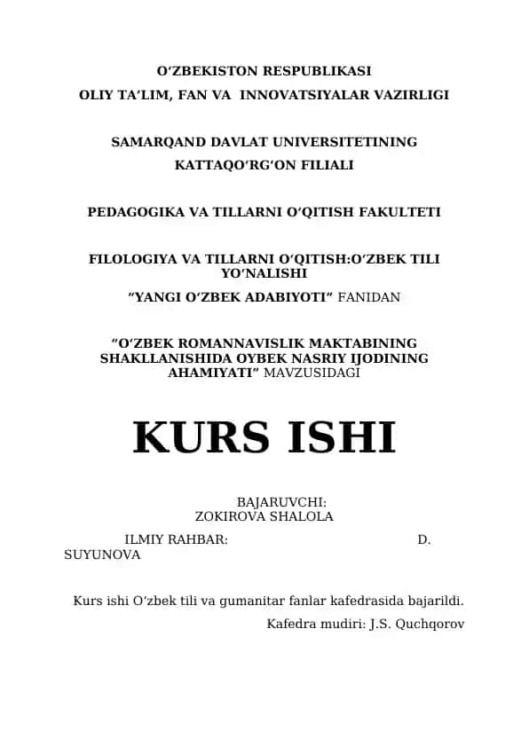 "O‘zbek romanavislik maktabining shakllanishida Oybek nasriy ijoding ahamiyati" kurs ishi